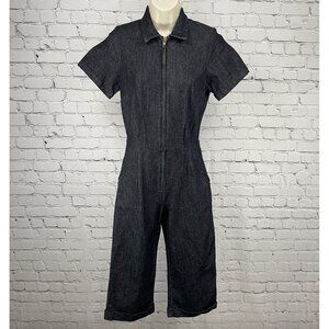 VTG Billie Jo Retro Black Denim Zipped Capri Stretch Pockets Jumpsuit USA Small